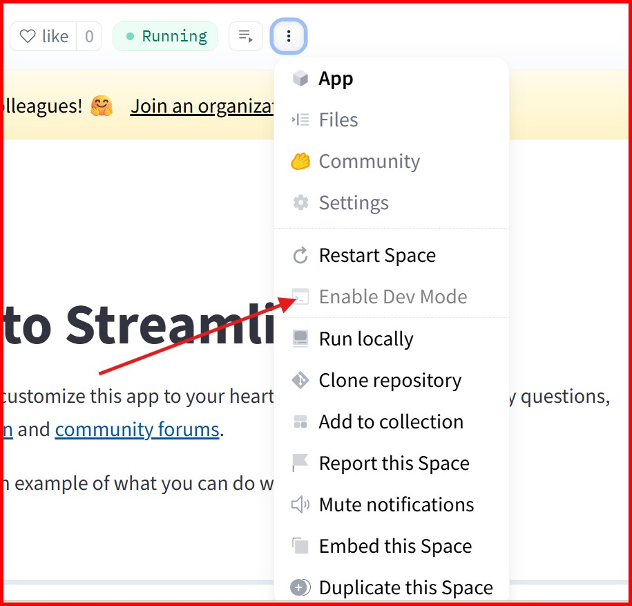 Picture showing the Enable Dev Mode menu for opening in dev mode